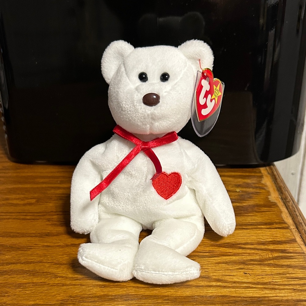 Ty Plush White Bear with Red Heart and Ribbon